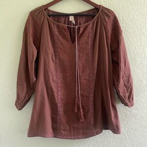 Raga Blouse Women’s Size Small Boho Peasant Embroidered 3/4 Sleeve Brown Tassel